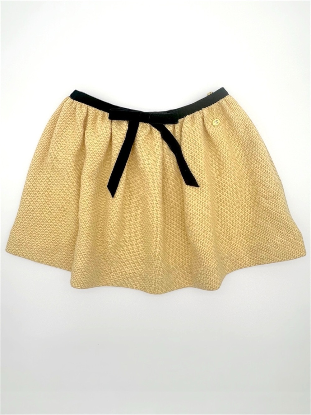 CHANEL Fall 22B Act 1 RTW Yellow Tweed Velvet Bow Waist Gathered Mini Skirt